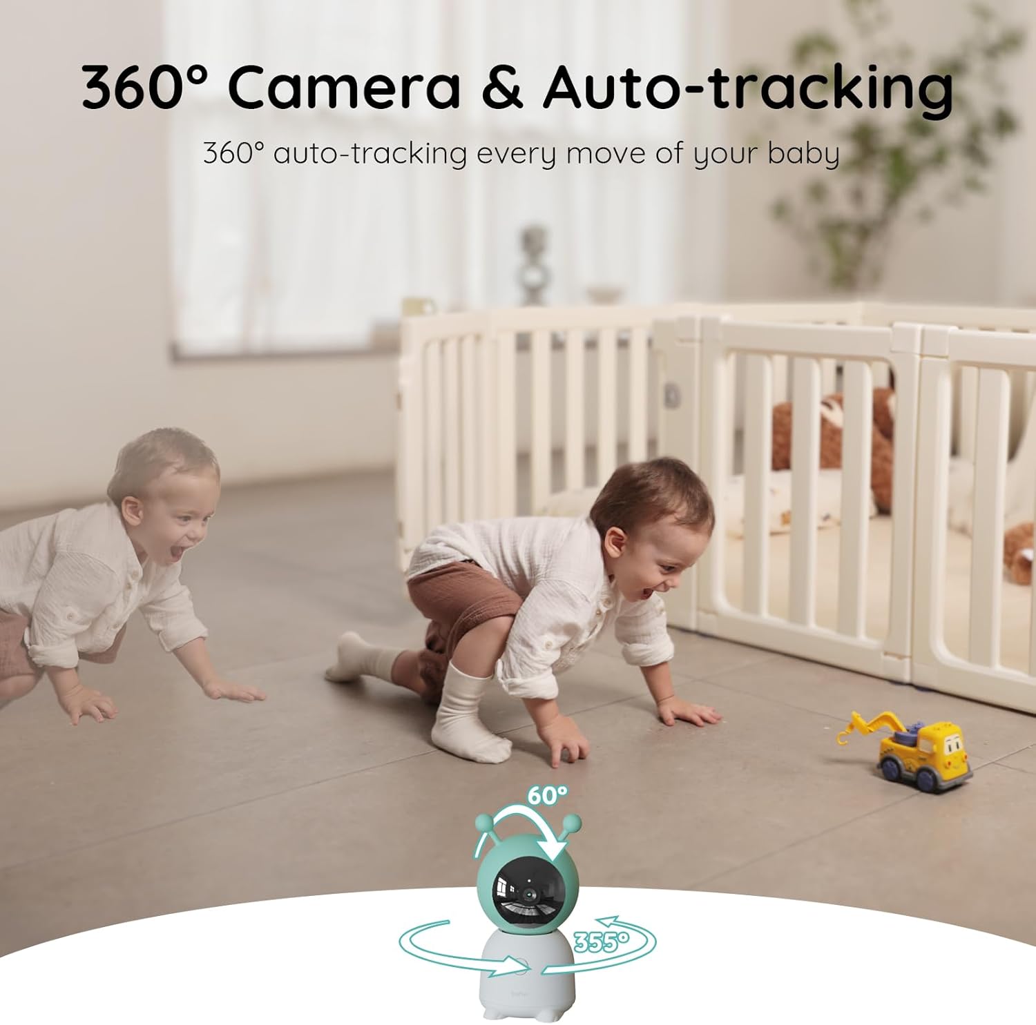 Video baby monitor auto-tracking a crawling baby in the nursery with a 360° camera
