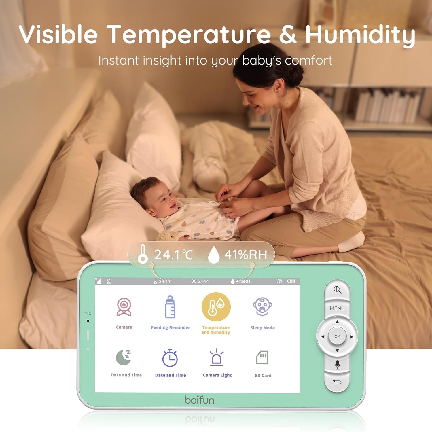 Baby monitor with visible temperature and humidity readings and adjustable alert ranges
