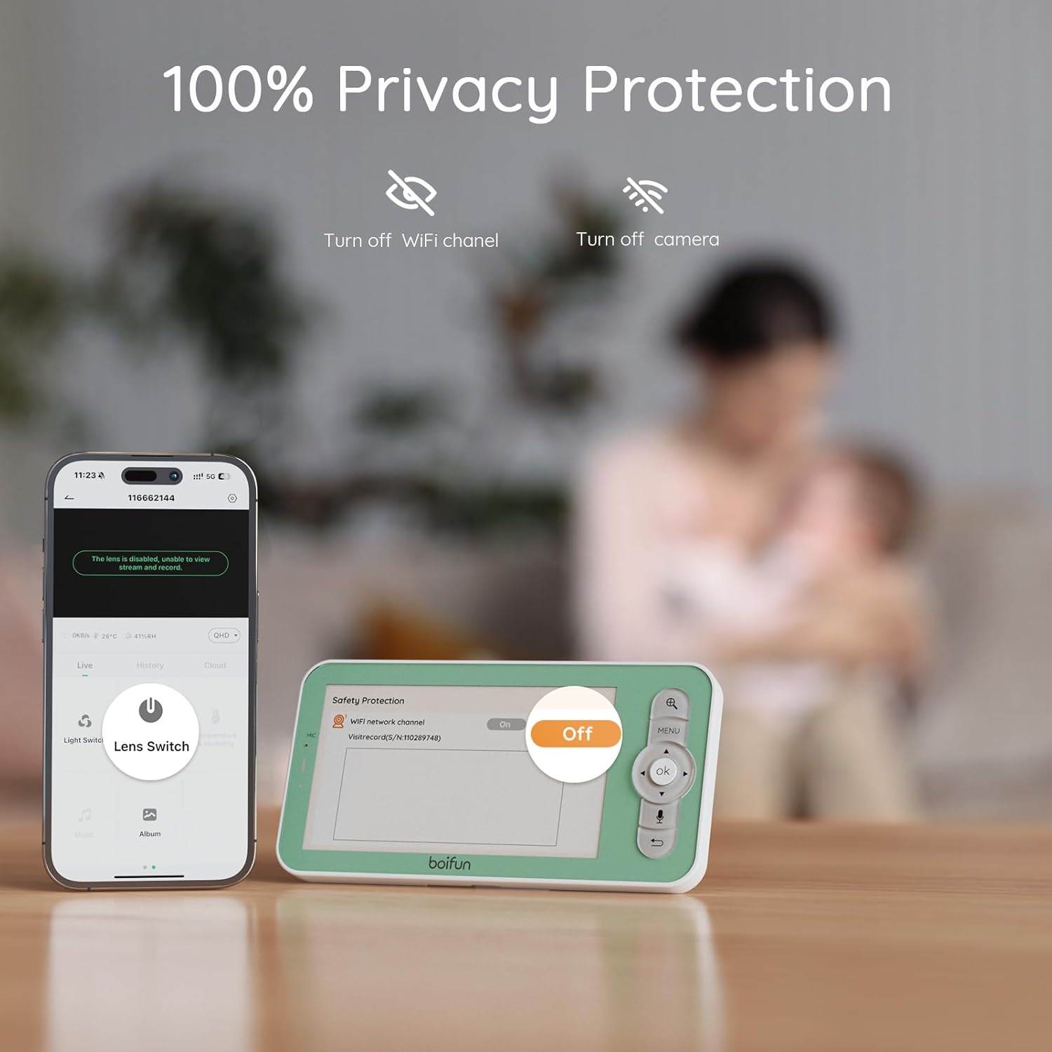Baby monitor with privacy protection featuring lens switch and WiFi channel off options