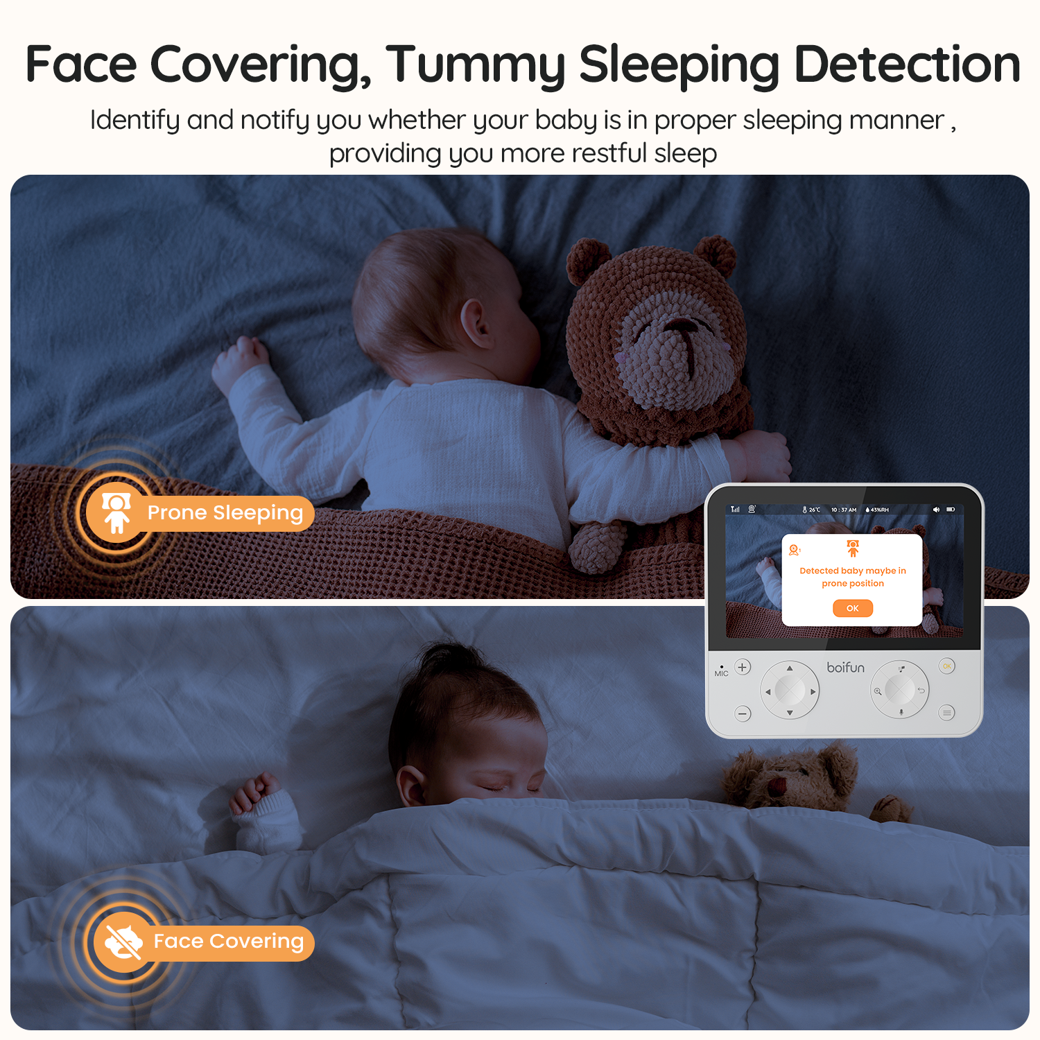 Infant monitor with face covering detection – Boifun 4TM Baby Monitor