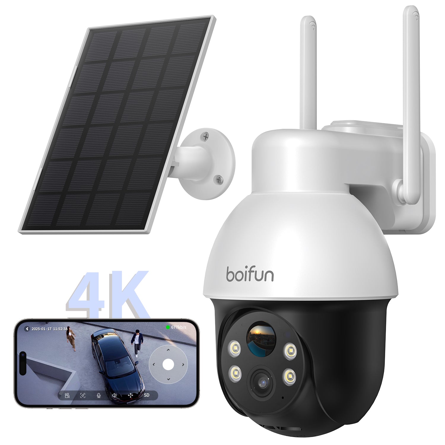 【業界最高性能・4K対応・10000mAhバッテリー】BOIFUN 800万超高画素超鮮明 防犯カメラ 屋外 ソーラー 2.4GWiFiとWiFi6 360度PTZ 15m暗視 広範囲をカバー 電池式防犯カメラ ソーラーパネルと大容量バッテリー 長時間稼働 夜間カラー撮影 PIR人体検知 即時アラート通知 セパレート設計 電源/工事不要 IP65防水 家族共有 双向语音 室外監視カメラ 2年保証