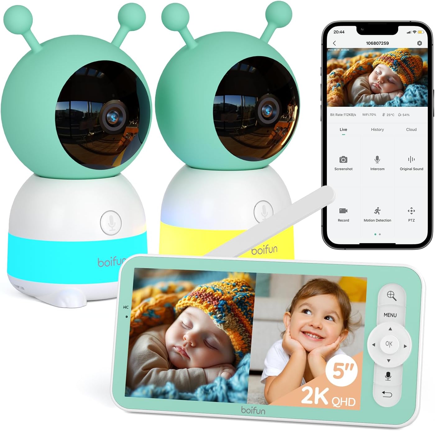 Boifun baby monitor with 2-camera setup supporting dual-camera monitoring via monitor and mobile phone