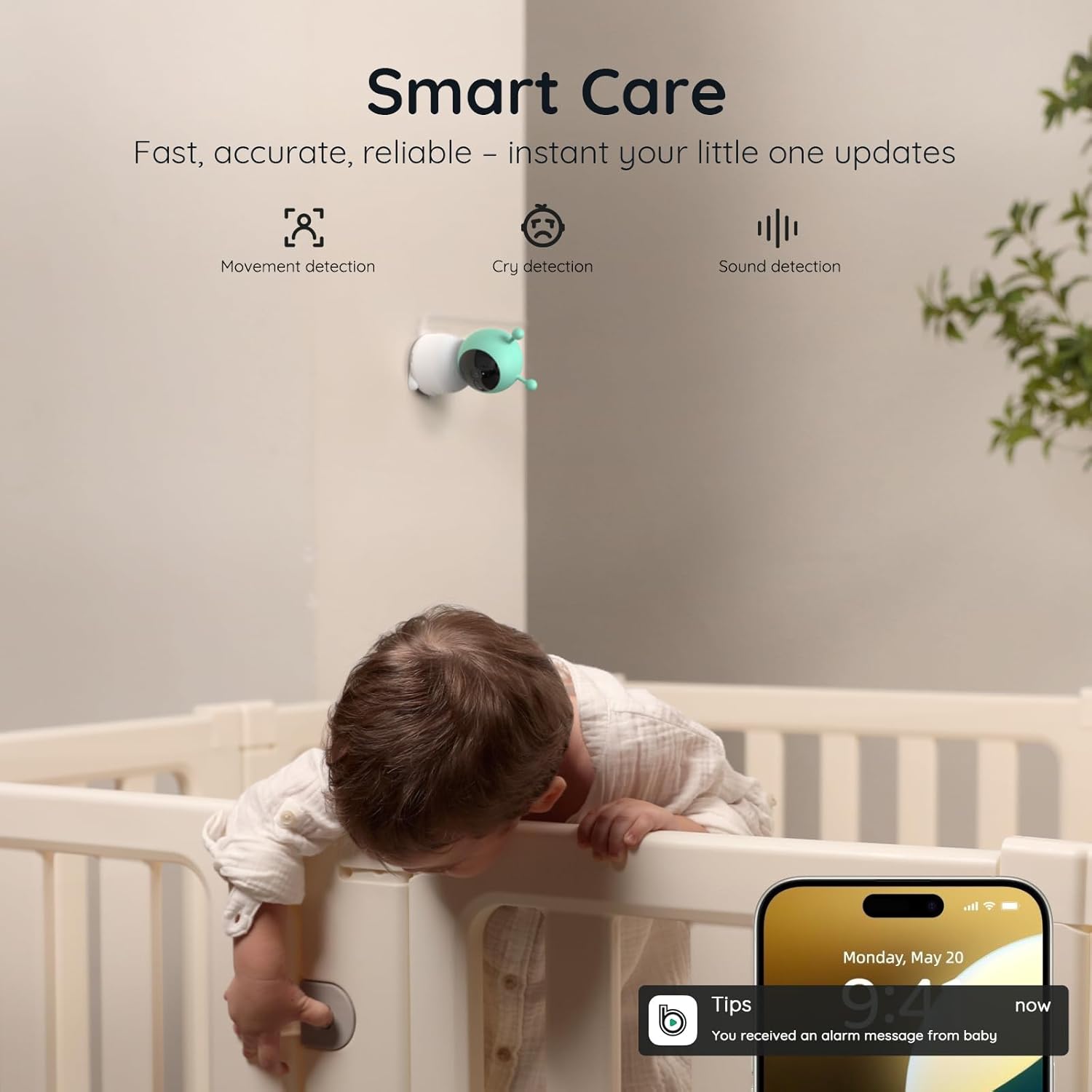 Boifun smart baby monitor with movement, cry, and sound detection sending real-time alerts