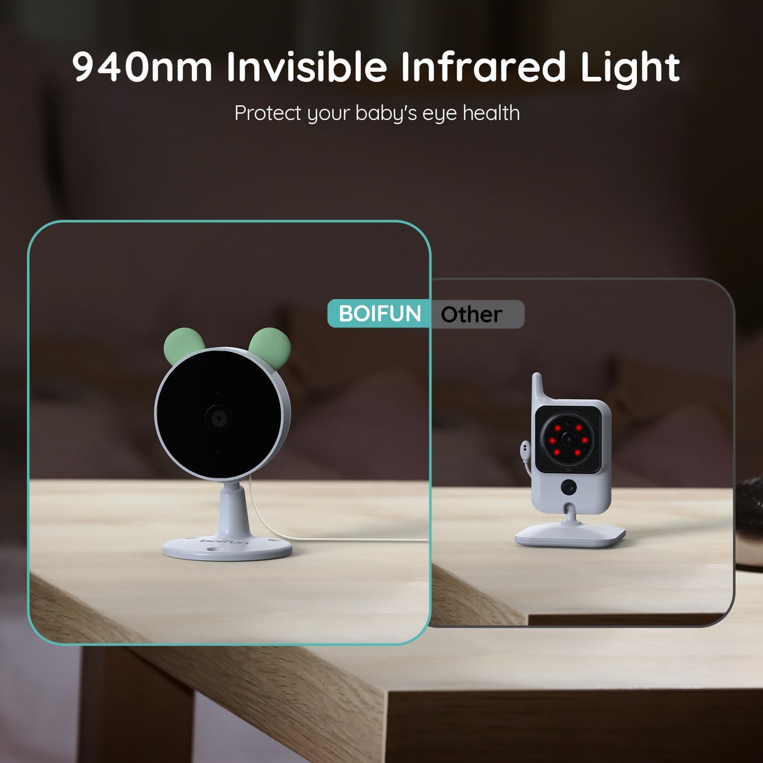 Boifun 7SM smart baby monitor with 940nm invisible infrared light, protecting your baby's eyes while allowing clear night vision