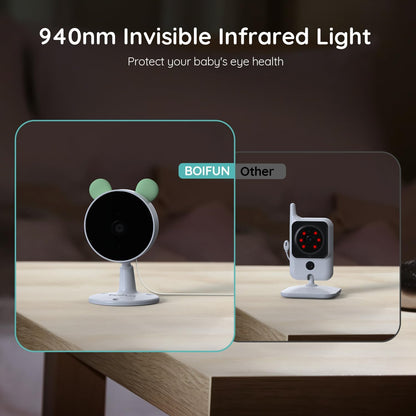 Boifun 7SM smart baby monitor with 940nm invisible infrared light, protecting your baby's eyes while allowing clear night vision