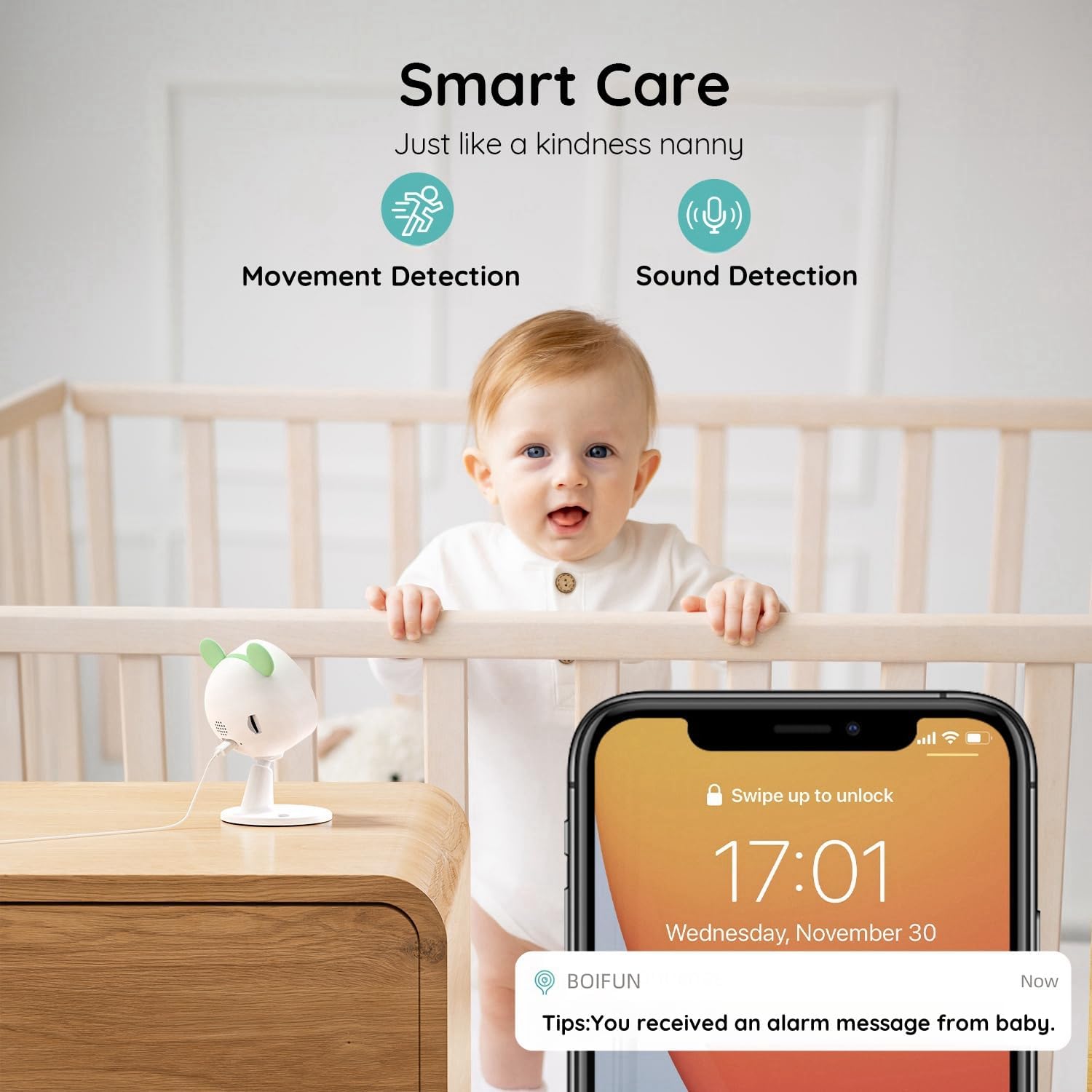Boifun 7SM smart baby monitor with Movement Detection and Sound Detection, showing real-time alerts received on the mobile app