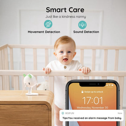 Boifun 7SM smart baby monitor with Movement Detection and Sound Detection, showing real-time alerts received on the mobile app