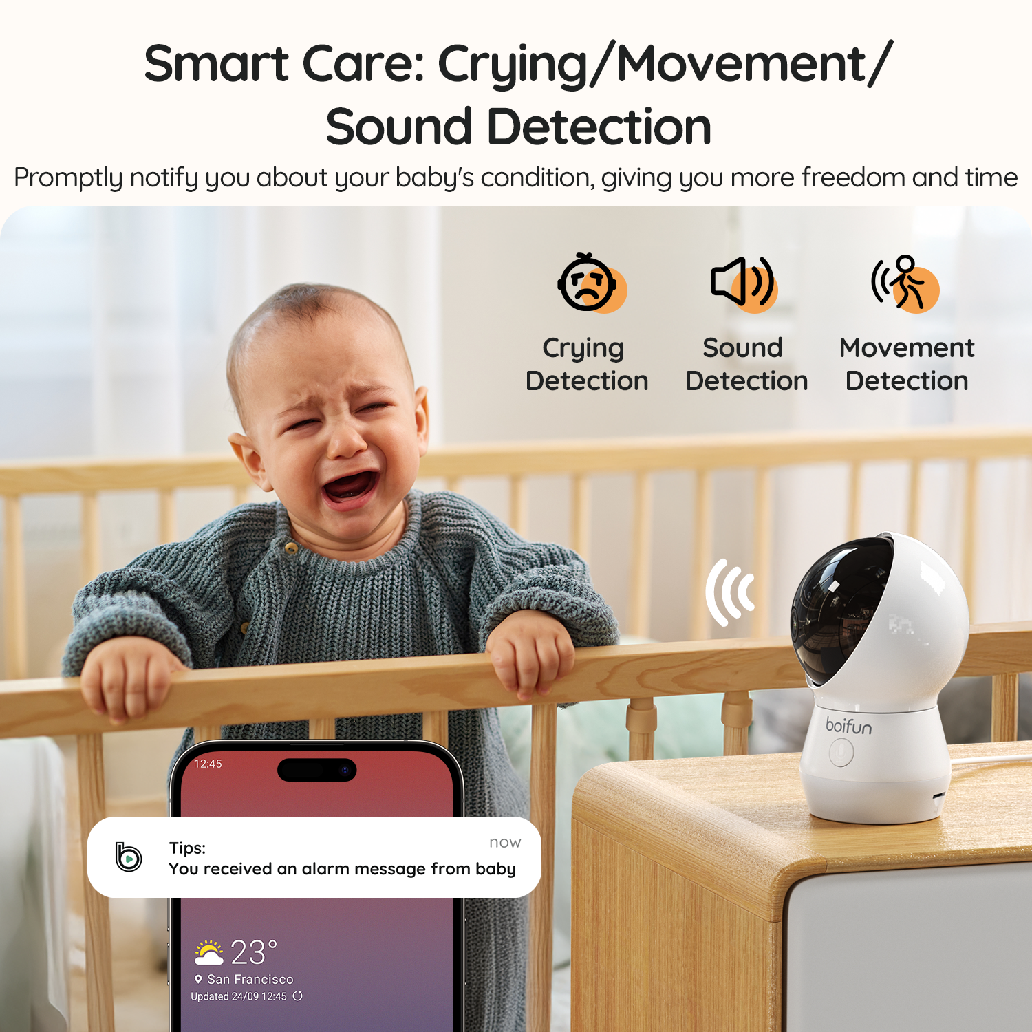 Infant monitor with crying, movement, and sound alerts – Boifun 4TM Baby Monitor